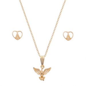 Colar Divino Espírito Santo e Brinco de Coração de Nossa Senhora Aparecida - Folheado